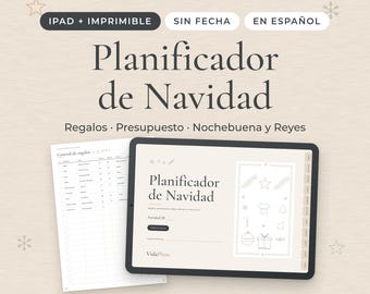 May include: A digital Christmas planner displayed on a tablet screen alongside a printed page. The text reads Planificador de Navidad, Regalos, Presupuesto, Nochebuena y Reyes, and VidaPlans. The interface features holiday icons and tabs.