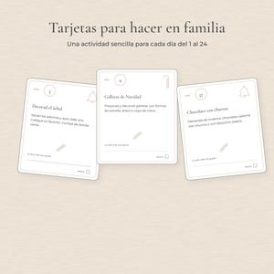 Puede incluir: Tres tarjetas de actividades rectangulares blancas con texto negro y dibujos lineales. El encabezado dice Tarjetas para hacer en familia. Cada tarjeta incluye un n&uacute;mero de d&iacute;a, una actividad, un icono y un espacio para escribir.