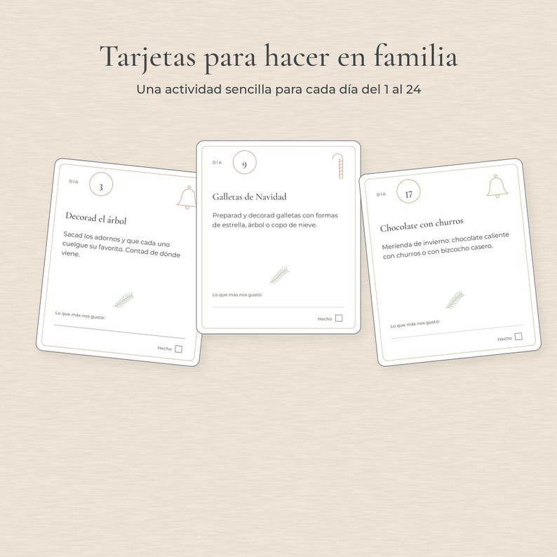 Puede incluir: Tres tarjetas de actividades rectangulares blancas con texto negro y dibujos lineales. El encabezado dice Tarjetas para hacer en familia. Cada tarjeta incluye un n&uacute;mero de d&iacute;a, una actividad, un icono y un espacio para escribir.