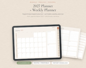 Pack Agenda 2027 Digital y Planificador Semanal, Agenda iPad GoodNotes con Hipervínculos & Imprimible A4 A5 Carta, Hábitos, Lista de Tareas