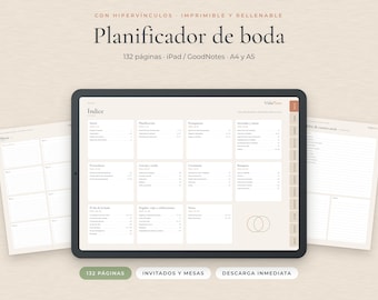 Planificador de Boda en Español, Agenda Boda Digital iPad GoodNotes y PDF Rellenable A4 A5, Sin Fecha, 132 Páginas, Presupuesto, Invitados
