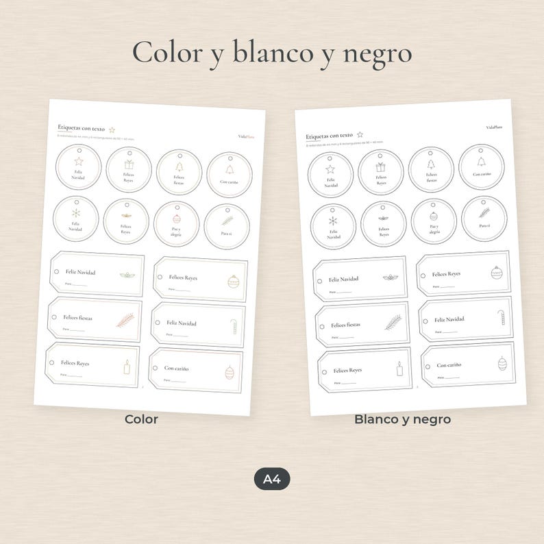 May include: Two A4 sheets of printable gift tags featuring circular and rectangular designs. One sheet displays colorful holiday icons and text, while the other shows the same designs in black and white. Each tag includes space for writing names.