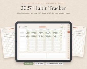 Seguimiento de Hábitos 2027 en Inglés, PDF Imprimible Rellenable y Digital iPad GoodNotes, Mensual y Anual, A4 A5 Letter