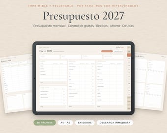 Planificador de Presupuesto 2027 en Español, PDF Rellenable A4 A5 y Digital iPad GoodNotes, Control de Gastos, Ahorro y Facturas