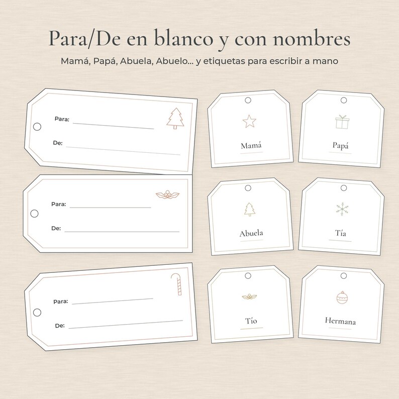 May include: A set of white gift tags with black text and holiday icons. Three rectangular tags feature 'Para:' and 'De:' lines. Six square tags are pre-printed with names like 'Mam&aacute;', 'Pap&aacute;', 'Abuela', 'T&iacute;a', 'T&iacute;o', and 'Hermana'.