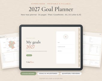 Planificador de Objetivos 2027 en Inglés, Imprimible y Digital, PDF Rellenable, iPad GoodNotes, Tablero de Visión, 54 Páginas