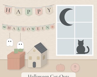 Halloween Printable Cut Outs, Paper Garland, 3D Pumpkin, Window Silhouettes & Masks PDF