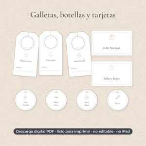 May include: A set of printable tags and cards featuring the text Galletas, botellas y tarjetas. Includes three bottle tags with icons, two rectangular cards, and four circular tags with various holiday-themed text and line art illustrations.