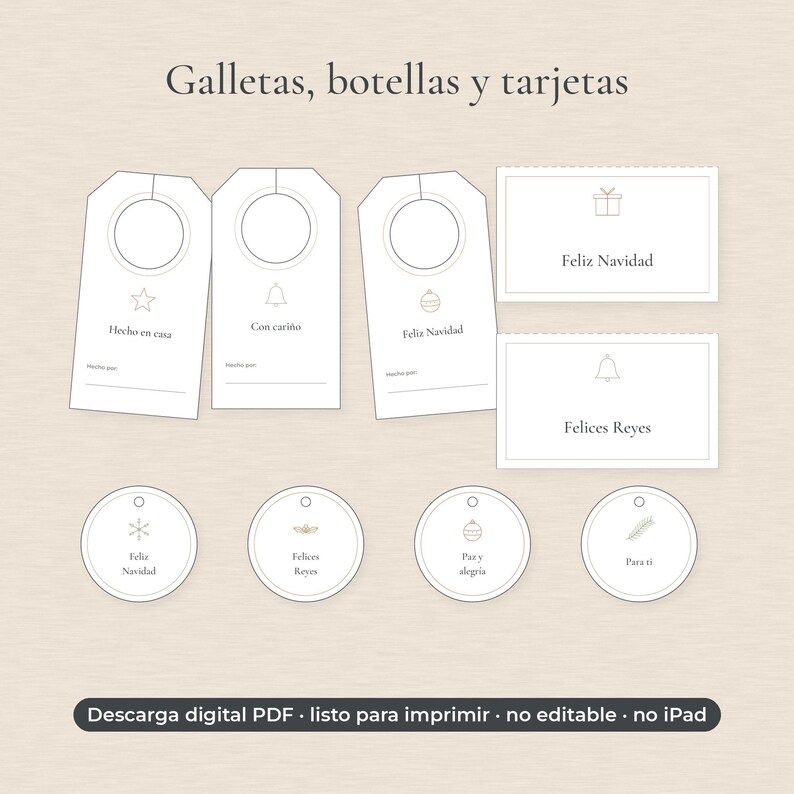 May include: A set of printable tags and cards featuring the text Galletas, botellas y tarjetas. Includes three bottle tags with icons, two rectangular cards, and four circular tags with various holiday-themed text and line art illustrations.