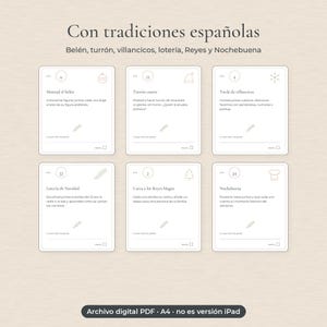 Puede incluir: Un conjunto de seis tarjetas de actividades blancas tituladas Con tradiciones espa&ntilde;olas, con tareas como Montad el bel&eacute;n y Turr&oacute;n casero. Cada tarjeta incluye un c&iacute;rculo numerado, un icono, instrucciones en espa&ntilde;ol, una l&iacute;nea en blanco y una casilla de verificaci&oacute;n marcada como Hecho. El texto inferior dice Archivo digital PDF A4 no es versi&oacute;n iPad.