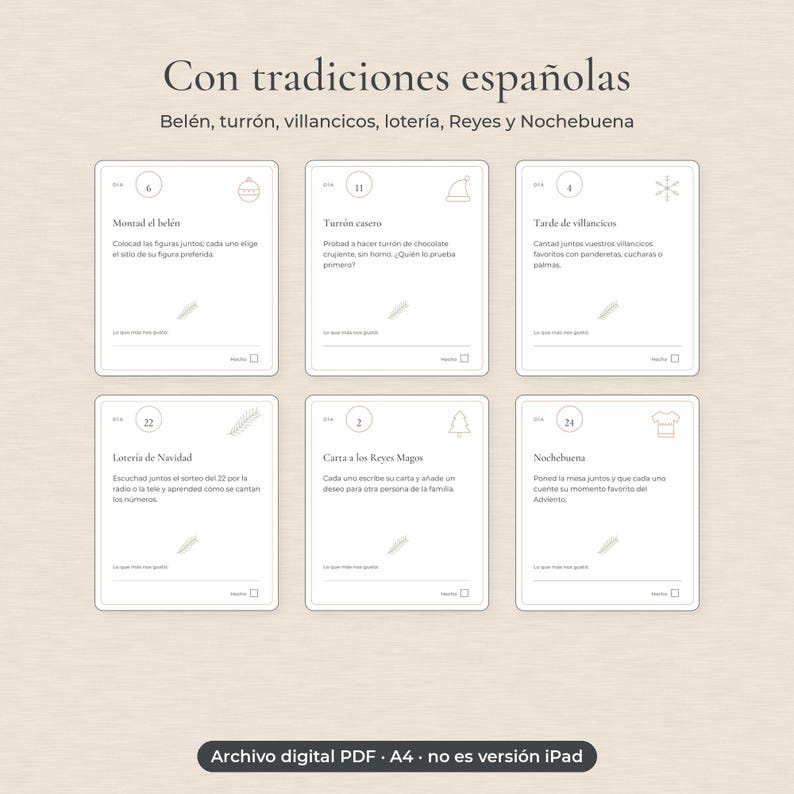 Puede incluir: Un conjunto de seis tarjetas de actividades blancas tituladas Con tradiciones espa&ntilde;olas, con tareas como Montad el bel&eacute;n y Turr&oacute;n casero. Cada tarjeta incluye un c&iacute;rculo numerado, un icono, instrucciones en espa&ntilde;ol, una l&iacute;nea en blanco y una casilla de verificaci&oacute;n marcada como Hecho. El texto inferior dice Archivo digital PDF A4 no es versi&oacute;n iPad.
