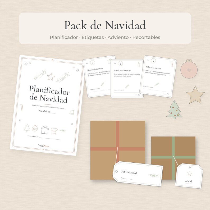 Spanish Christmas Bundle, Planner, Gift Tags, Advent Calendar & Paper Ornaments Printable PDF Bild 1