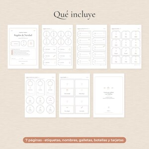 May include: A set of seven printable sheets featuring "Qu&eacute; incluye" at the top, containing various gift tags, labels, and cards with holiday-themed icons and text. The pages include circular and rectangular tags for gifts, cookies, and bottles.