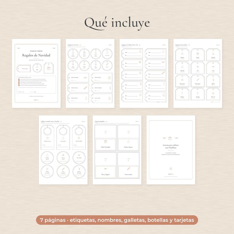 May include: A set of seven printable sheets featuring "Qu&eacute; incluye" at the top, containing various gift tags, labels, and cards with holiday-themed icons and text. The pages include circular and rectangular tags for gifts, cookies, and bottles.