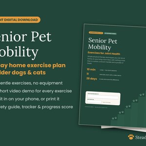 Könnte beinhalten: Ein digitales Dokument mit dem Titel Senior Pet Mobility, ein 28-tägiger Heimübungsplan für ältere Hunde und Katzen. Die dunkelgrüne Seite enthält weißen Text, orangefarbene Akzente und Pfotenabdruck-Grafiken. Es umfasst 11 sanfte Übungen, Videodemos, einen Sicherheitsleitfaden und einen Fortschrittstracker.