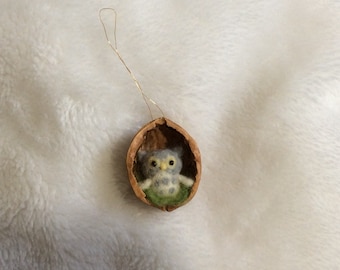 Needlefelt OWL in Walnut Christmas hanging decoration ornament fibre art miniature felt artist