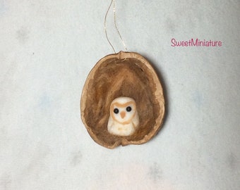 Clay OWL in Walnut Christmas hanging decoration ornament polymer art miniature artist