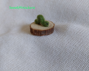 Needle felted Caterpillar miniature fibre art OOAK mini wool felt wood display