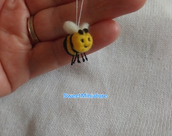 Needle felted Bee miniature hanging fibre art OOAK mini wool felt display