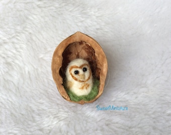 Needlefelt Barn OWL in Walnut Christmas hanging decoration ornament fibre art miniature felt artist