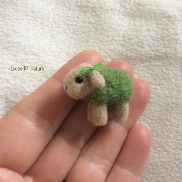 Tiny Green Needle felted lamb / sheep  wool Art miniature
