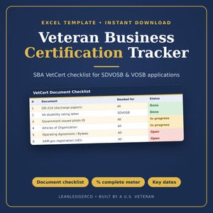 Veteran Business Certification Tracker: SBA VetCert SDVOSB & VOSB Document Checklist, Excel