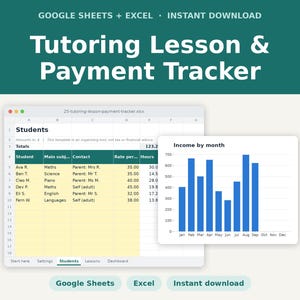 Tutoring Tracker, Tutor Lesson and Payment Log Spreadsheet, Google Sheets & Excel Template