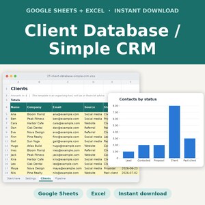 Può includere: Un database clienti digitale e un semplice modello CRM per Google Sheets ed Excel. L'interfaccia mostra un foglio di calcolo con nomi, aziende ed e-mail dei clienti, insieme a un grafico a barre blu intitolato Contacts by status.