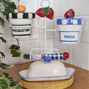 Vintage Ceramic Breakfast Set, Retro Fresa & Melocoton Storage Jars, Butter Dish with Knife, Cottagecore Kitchen Decor, French Country Table