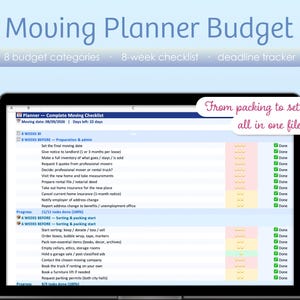 Pode incluir: Um planejador de orçamento de mudança digital exibido na tela de um laptop. A interface apresenta uma lista de verificação completa com tarefas organizadas por semanas, incluindo 8 categorias de orçamento e um rastreador de prazos.