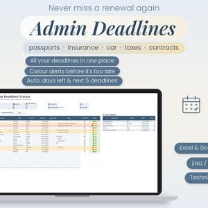 Pode incluir: Um rastreador digital de prazos administrativos exibido na tela de um laptop. A interface apresenta uma planilha para gerenciar passaportes, seguros e impostos com alertas codificados por cores, contagens regressivas e resumo de datas.