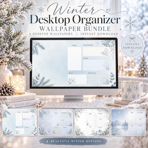 May include: A digital desktop organizer wallpaper bundle featuring four winter-themed designs with soft blue and white tones, botanical illustrations, and organized sections for Today, Top Priorities, To Do, Notes, and This Week.