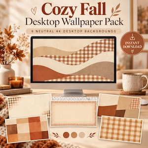 May include: A digital product display featuring a computer monitor showing a wavy, neutral-toned autumn wallpaper with gingham patterns. Below the monitor are five additional rectangular cards displaying various seasonal patterns in shades of brown, tan, and cream.