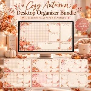 May include: A digital desktop organiser bundle featuring six wallpaper planners with autumn themes. The designs include pumpkins, fall leaves, and plaid patterns with sections for Today, To Do, This Week, Notes, and Important. Text reads Cozy Autumn Desktop Organizer Bundle.