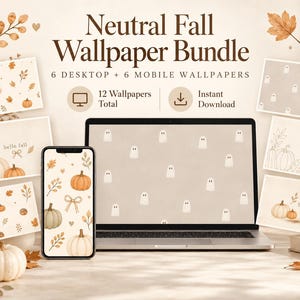 Op de afbeelding: Een digitaal behangpakket met neutrale herfstthema's met pompoenen, bladeren en geesten. De weergave bevat een laptop en smartphone met patronen, met de tekst Neutral Fall Wallpaper Bundle, 6 Desktop + 6 Mobile Wallpapers.