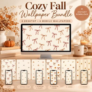 Cozy Fall Wallpaper Bundle | Autumn Bows, Pumpkins, Neutral Look (Digital Download)