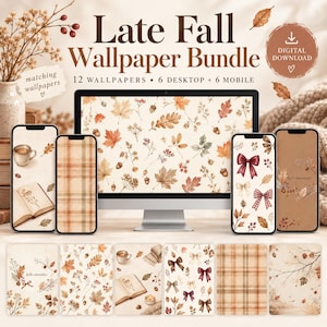 Può includere: Un pacchetto di download digitale intitolato Late Fall Wallpaper Bundle con 12 sfondi, 6 per desktop e 6 per dispositivi mobili. I design includono foglie autunnali, ghiande, motivi a quadri, fiocchi, libri e tazze di caffè in toni caldi.
