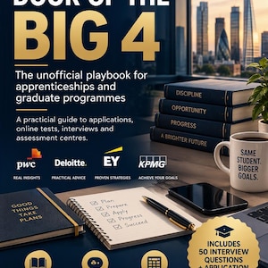 Könnte beinhalten: Ein Buch mit dem Titel GET IN THE DOOR OF THE BIG 4, The unofficial playbook for apprenticeships and graduate programmes. Es enthält Logos von PwC, Deloitte, EY und KPMG, ein Notizbuch mit Checkliste, einen Stift, ein Smartphone und eine Tasse.
