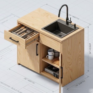May include: A light wood kitchen cabinet with a black sink, faucet, and hardware. It features an open drawer with cutlery, a cabinet door, and an open shelf with mugs and a portable stove. Dimensions are 36 inches wide, 34 inches high, 18 inches deep.