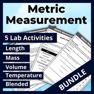 Könnte beinhalten: Ein Bündel von Arbeitsblättern mit dem Titel Metric Measurement, das 5 Laborübungen zu Länge, Masse, Volumen, Temperatur und gemischten Messungen enthält. Die weißen Blätter enthalten Anleitungen, Tabellen und Übungen für Schüler.