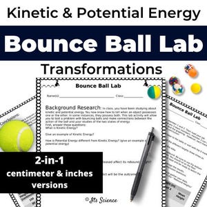 May include: Educational science worksheet titled Bounce Ball Lab: Kinetic & Potential Energy Transformations. Includes a black mechanical pencil, a yellow tennis ball, and several small colorful bouncy balls on a white background.