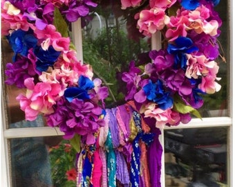 Boho Fringe Wreath-Bohemian-Hippie Chick-Purple, Magenta-Pink-Peace and Love