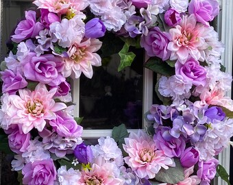 Free Shipping-Grapevine Wreath Pastel Pink, Lavender, and White Spring Wreath-Hydrangea, Dahlia, Cherry Blossoms and Tulips