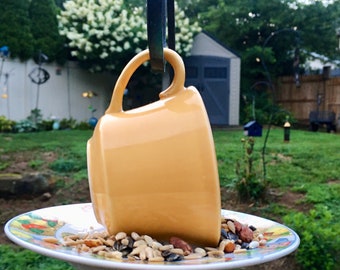 Free Shipping ! Upcycled Sunny Yellow Birdfeeder-recycled mug and saucer-Backyard Birding-On Sale