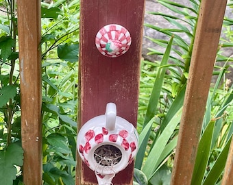 FREE SHIPPING-Upcycled Teapot Birdhouse-Strawberry-Backyard Birding-Garden-Wildlife