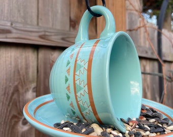 Free Shipping ! Upcycled Turquoise Birdfeeder-recycled mug and saucer-Backyard Birding-On Sale