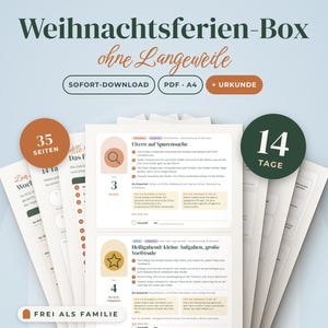 Op de afbeelding: Een digitale activiteitenset getiteld Weihnachtsferien-Box ohne Langeweile, bestaande uit 35 pagina's als PDF in A4-formaat. De set bevat een 14-daags activiteitenplan met dagelijkse taken, iconen en een certificaat voor gezinnen.