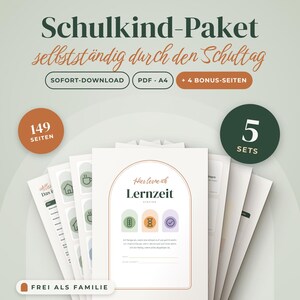 May include: A digital educational packet titled Schulkind-Paket with 149 pages across 5 sets. The document features A4 PDF pages with text including Lernzeit and icons in an arch design. The colour palette includes sage green, terracotta, and white.