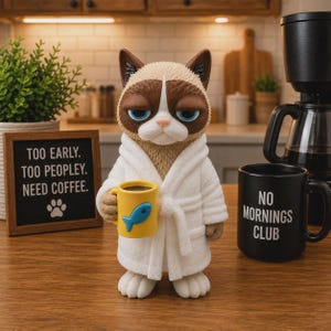 May include: A figurine of a cat with a grumpy expression wearing a white bathrobe and holding a yellow mug with a blue fish icon. Next to it is a black sign with the text TOO EARLY. TOO PEOPLEY. NEED COFFEE. and a black mug with NO MORNINGS CLUB.
