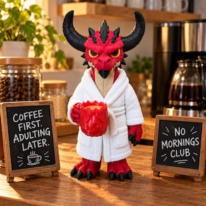May include: A red dragon figurine with black horns wearing a white bathrobe and holding a red mug. Two small blackboards flank the figure; the left reads "COFFEE FIRST. ADULTING LATER." with a coffee cup icon, and the right reads "NO MORNINGS CLUB."